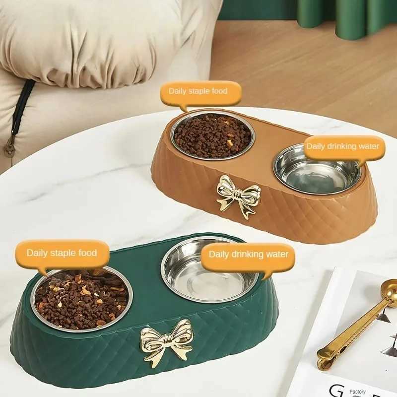 1PC Pet Dog and Cat Food Bowls Bowtie Dog Food Drinking Double Bowl Pet Supplies J251113