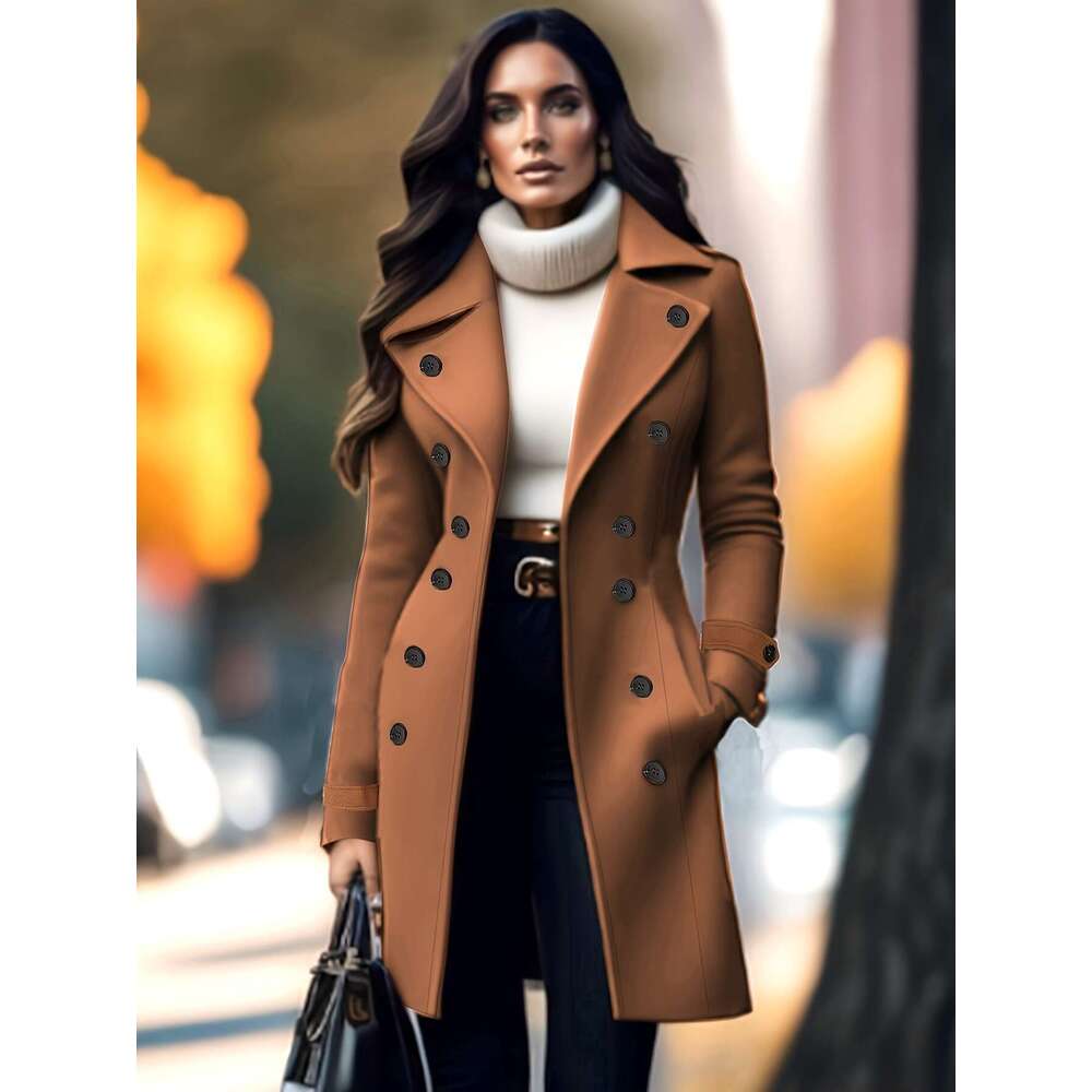 Women S Elegant Thickened Tweed Coat Solid Color Regular Fit Long Sleeve Button Front With Flared Hem All Season Versatile Outerwear For Casual Formal