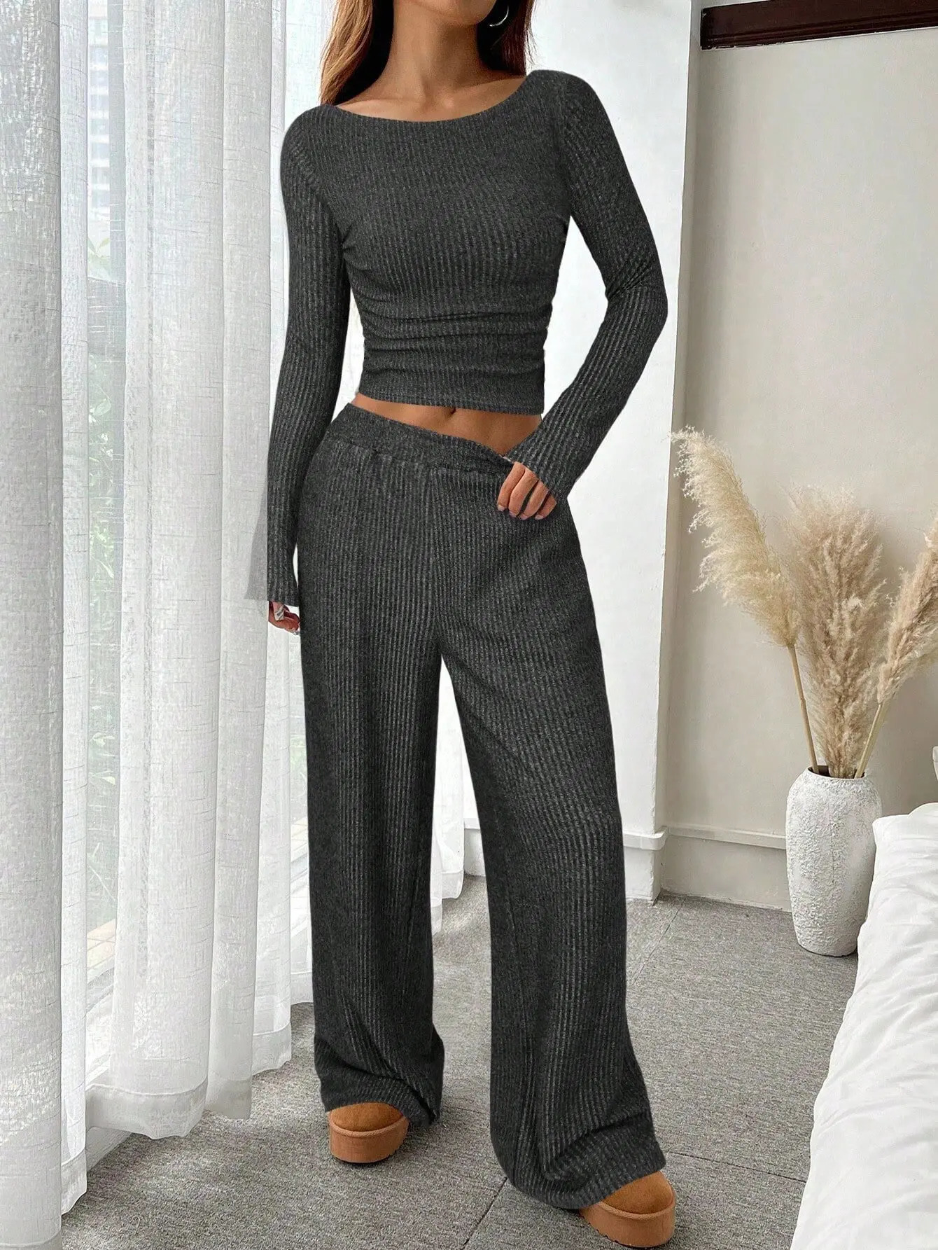 Basic Wide Leg Pants Leisure Suit Women Autumn Solid Long Sleeve Top Casual Loose Trousers 2 Piece Set tie Streetwear 251029