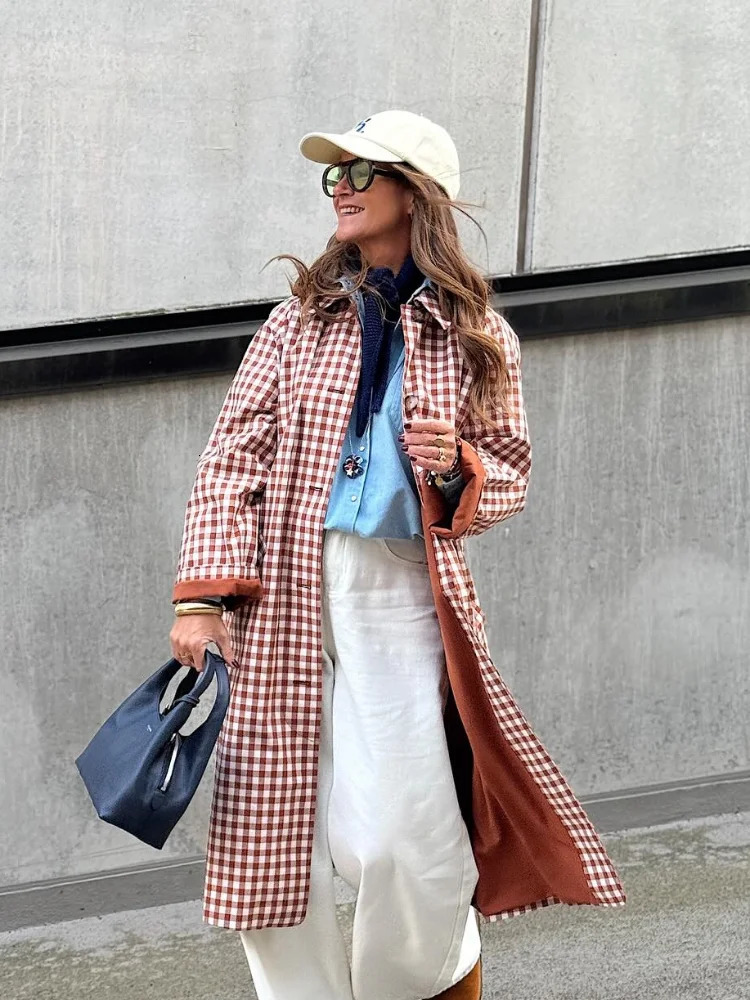 Women Red Plaid Long Trench Coat Casual Lapel Single Breasted Full Sleeve Windbreaker Jacket 2025 Autumn Lady Streetwear 251029