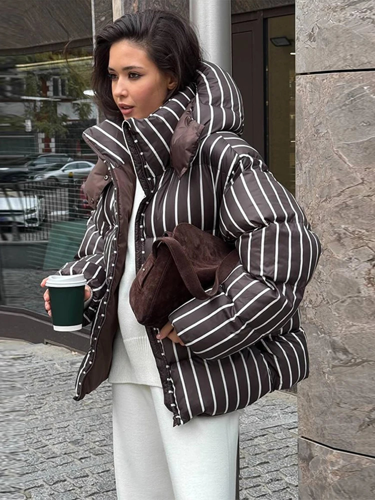 Casual Striped Thicken Coats Women Fashion Full Sleeve Loose Stand Collar Zippers Jackets Female 2025 Autumn Winter Lady Coat 251030