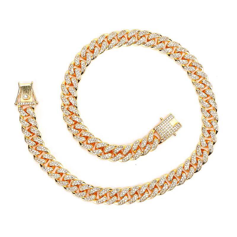 Wholesale High Quality Gold Golden Bling Rhinestone Miami Cuban Link Chain Necklace Hiphop Fashion Wedding Gift Zinc Alloy