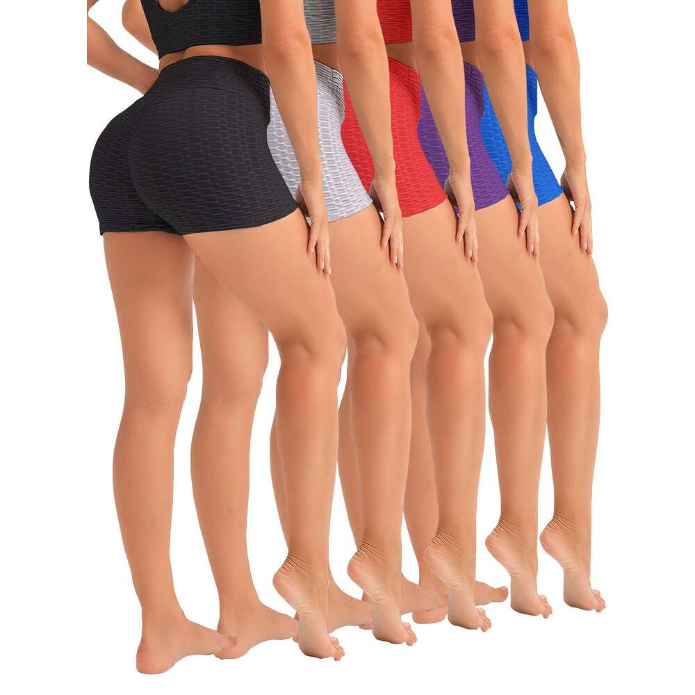 5-Pack High Waist Textured Peach Lift Yoga Shorts, Stretchy Gym Bubble Workout Shorts for Women, Quick-Dry Fiess Sports Activewear, Assorted Colors