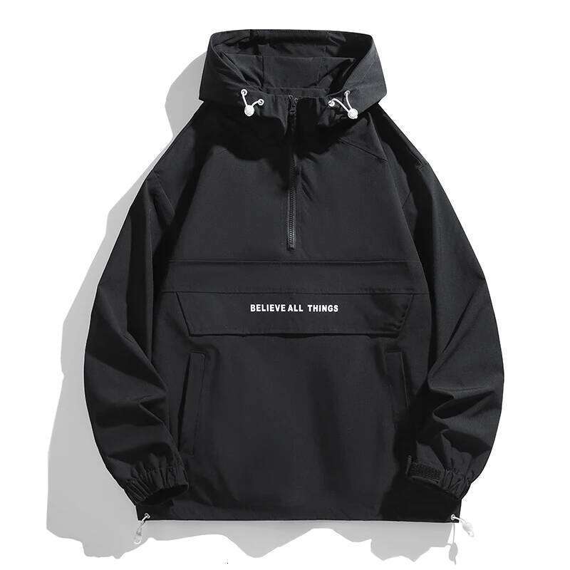 New Men Spring Autumn Waterproof Casual Versatile Top Japanese Korean Streetwear Fashion Loose Pullover Half Zip Hooded Jacket