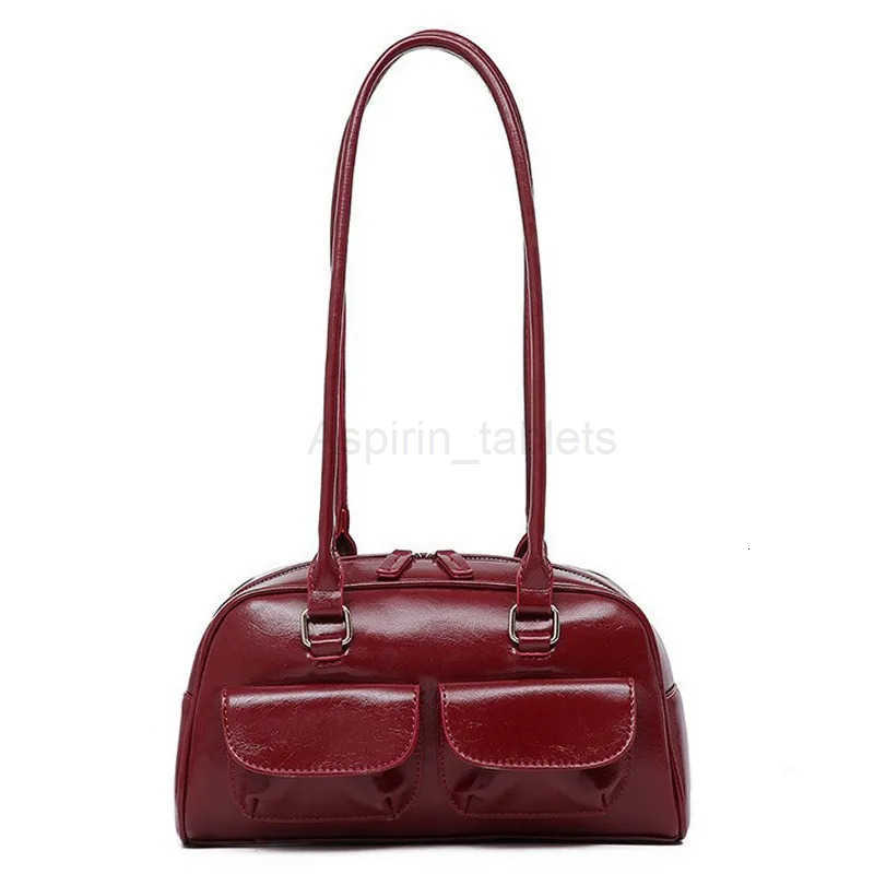 2025 Oil Wax Leather Bowling Bag Multi Pocket Underarm Bag Commuter Handheld Shoulder Bag M251030