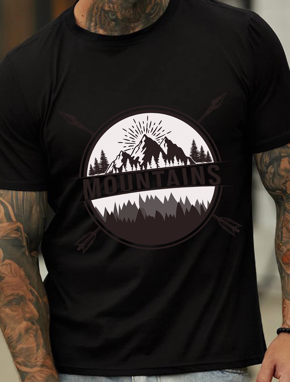 European and American Oversized MOUNTAINS Letter Print Sports T-Shirt for Men - Cotton Short Sleeve - TT7069