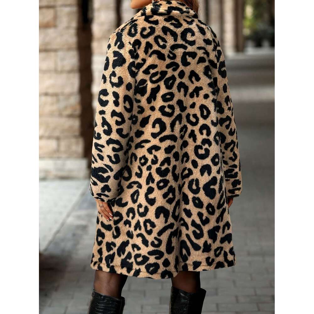 Leopard Print Coat Long Sleeve Loose Fit Jacket With Flip Collar Black Tan Animal Pattern Outerwear For Fall Winter Everyday Formal Outfits Women S