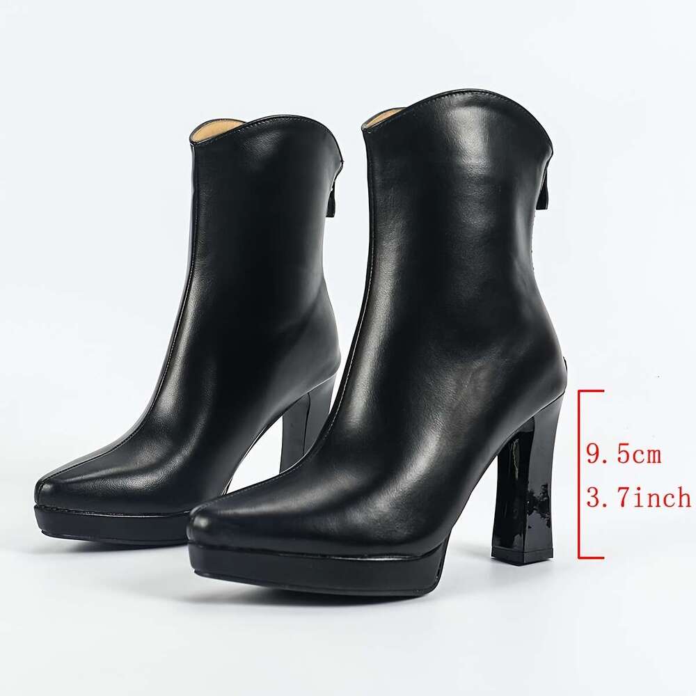 Ultra High Heels, High Quality Platform, Small Square Toe, High-Heeled With Back Zipper, Black Midsole Boots, Thick Heel, Winter Short Boots For Women