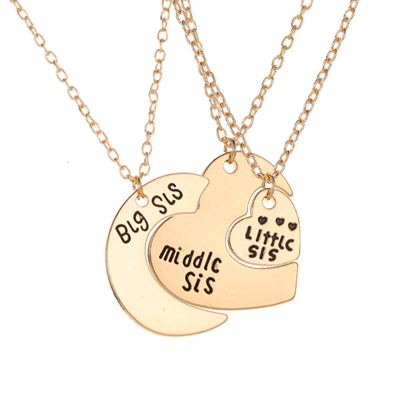 Family Letter Set of Three Large Medium Small Moon Heart Pendant Necklace
