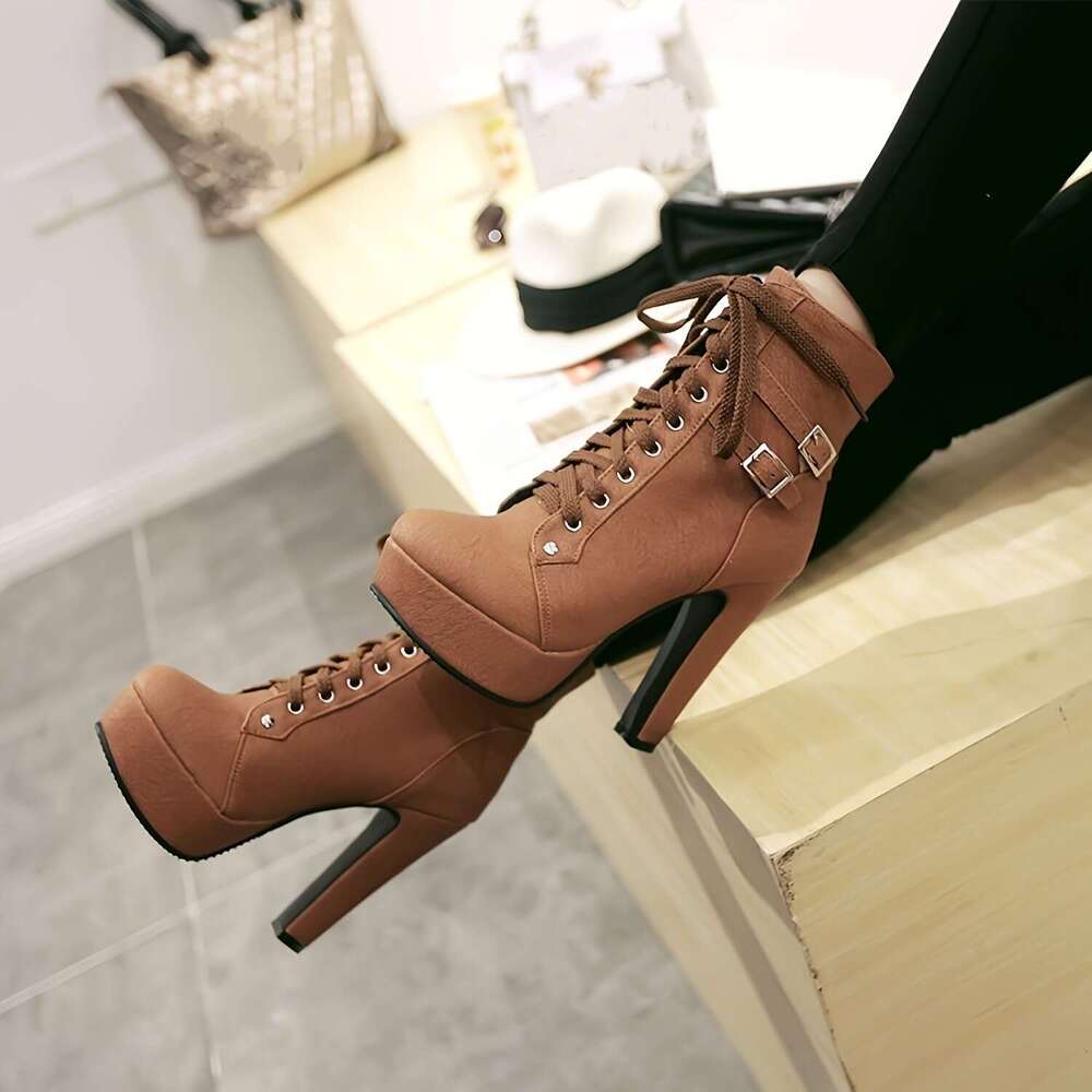 Women's Solid Color Block Heeled Fashion Lace Up Short Boots, Comfortable Ankle Boots