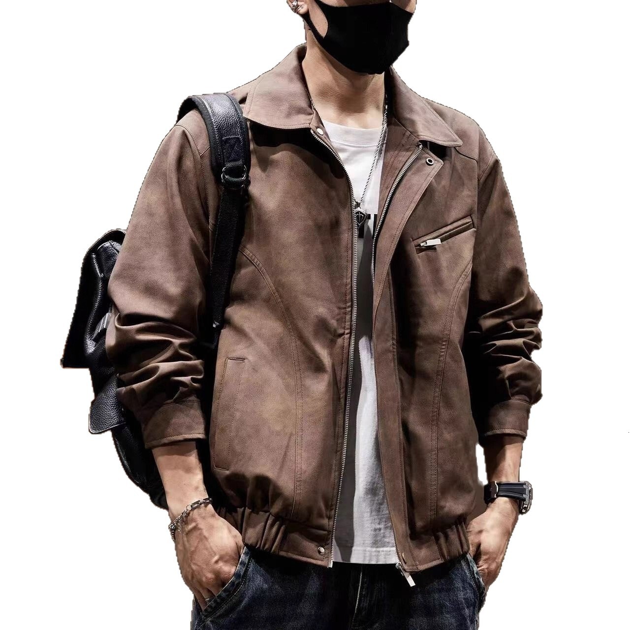 American Style Batik Workwear Leather Jacket Designer Jacket Men's Motorcycle Style Loose Trendy Brand Turn-down Collar Coat Men