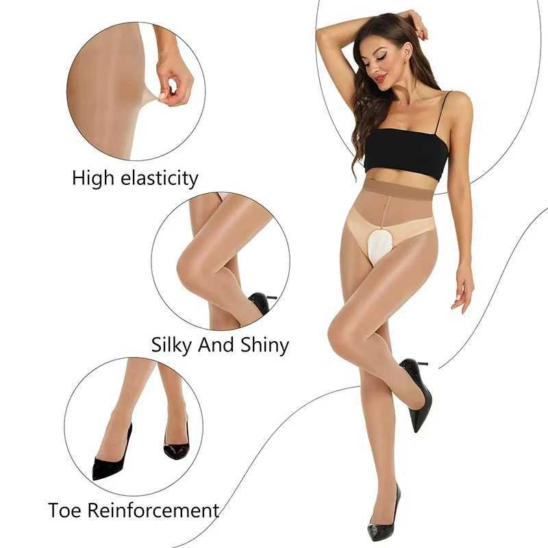 Sexy Open Crotch Horse Oil Tights Women Shimmer Smooth High Waist Pantyhose Elastic Plus Size Shiny Sheer Tights R251030
