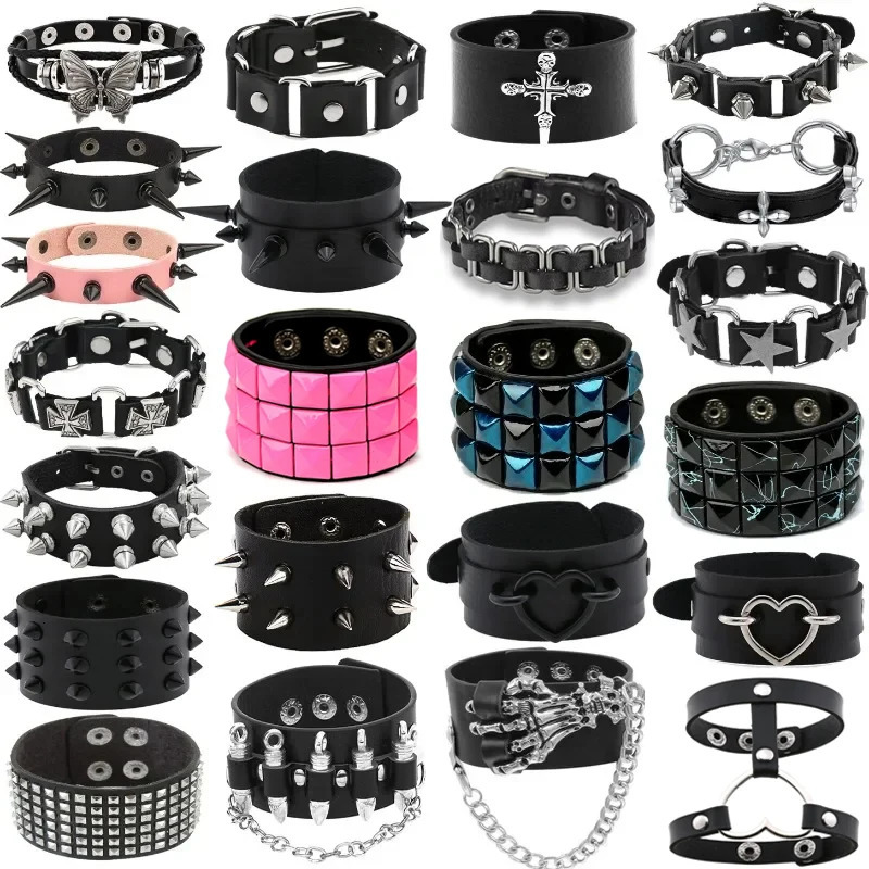 Hip Hop Rock PU Leather Bracelet Men and Women Punk Spikes Rivets Skull Heart Cross Creative Party Bracelet Jewelry Accessories 251028