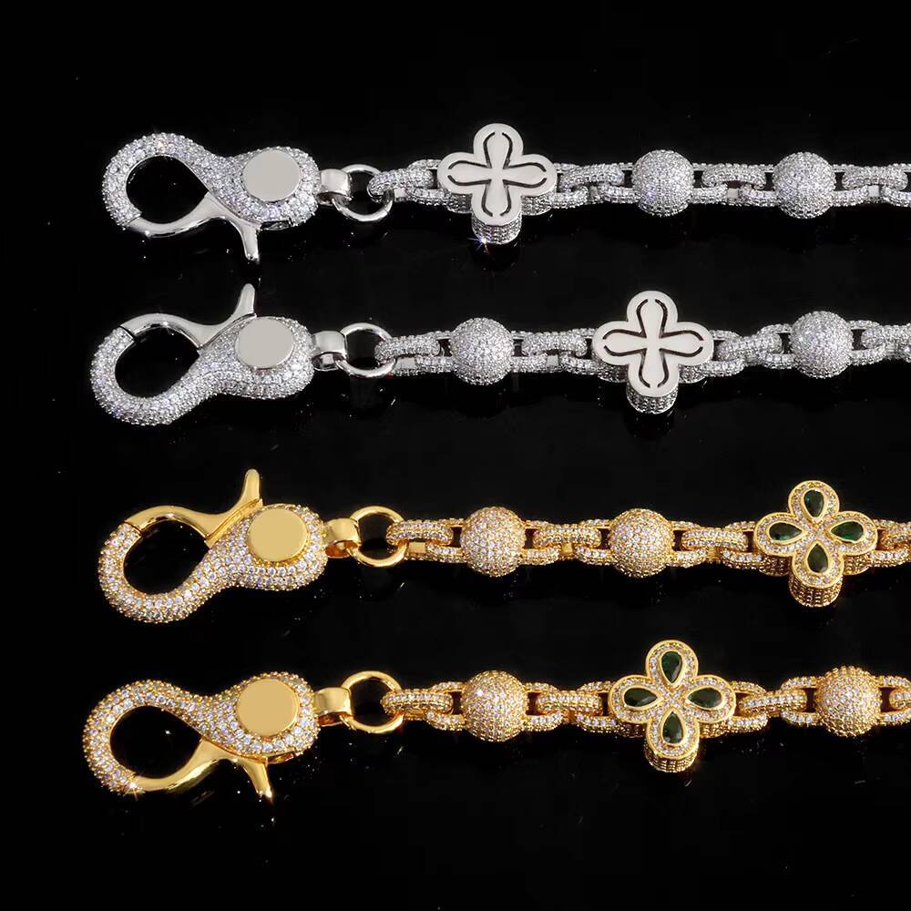 NUOYA Silver Plated Miami Cuban Chain Pants Chain Iced Out Flower Four Leaf Clover Design Diamond Cut moissanite Hip Hop Jewelry Designer's style