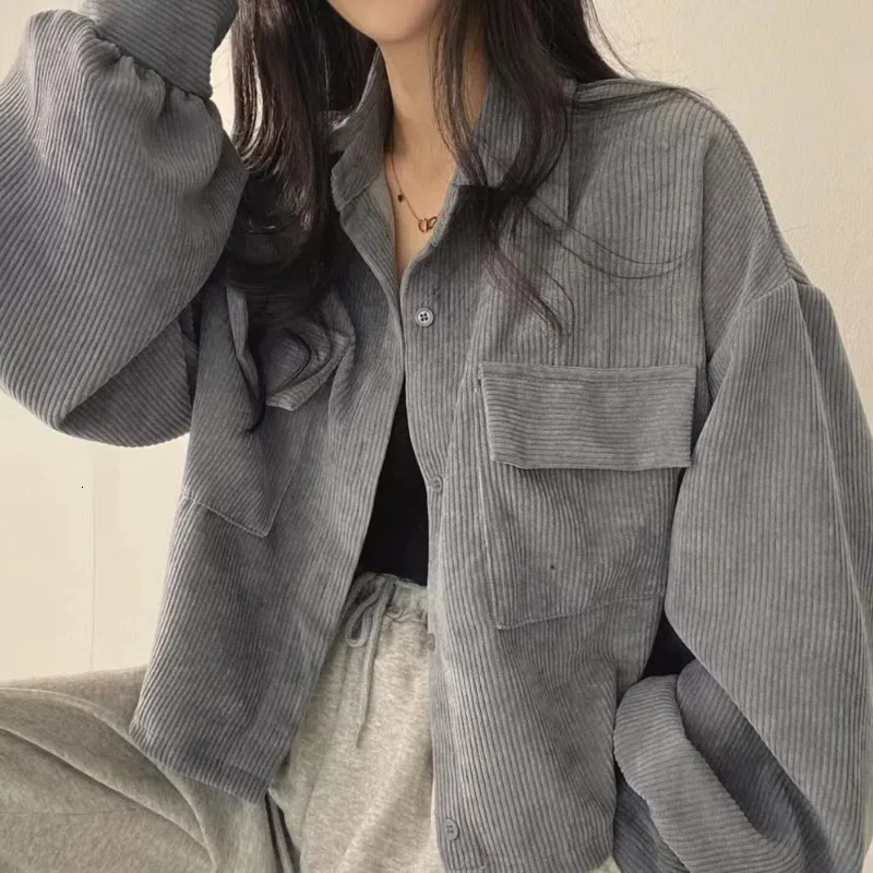 Fashion Retro Versatile Coat Single Breasted Collar Corduroy Shirt Long Sleeve Womens Top 166 251028