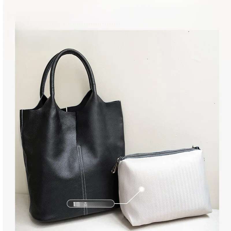 Genuine Grade Leather Women Commuter Ladies Soft Cowhide Tote Shoulder Handbag Large Female Bucket Bag Designer