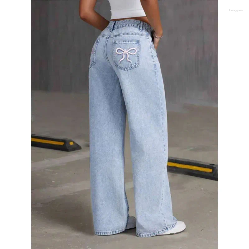 Womens Jeans Women Embroidery High Waist Distressed Washed Pockets Vintage Floor Length Trousers 2025 Denim Wide Leg Pants Strtwear Z260313