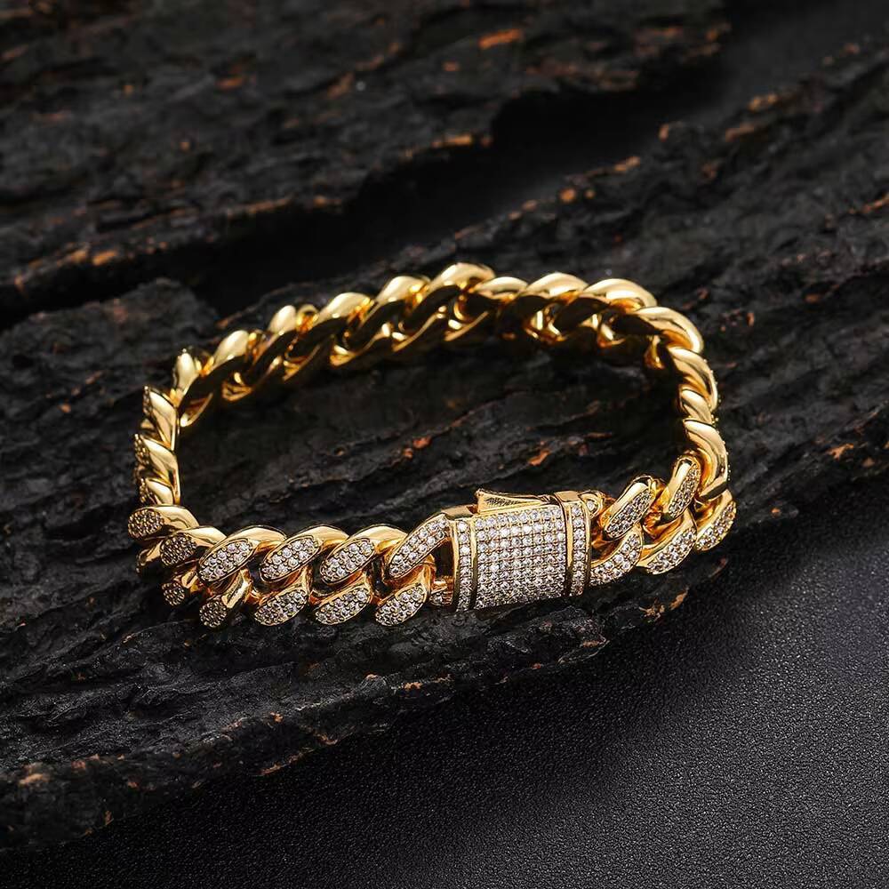 High Quality 12mm Hip Hop Chain Iced Out Cuban Bracelet Two Row moissanite Stone Gold Plated Cuban Bracelet for Men Designer's style