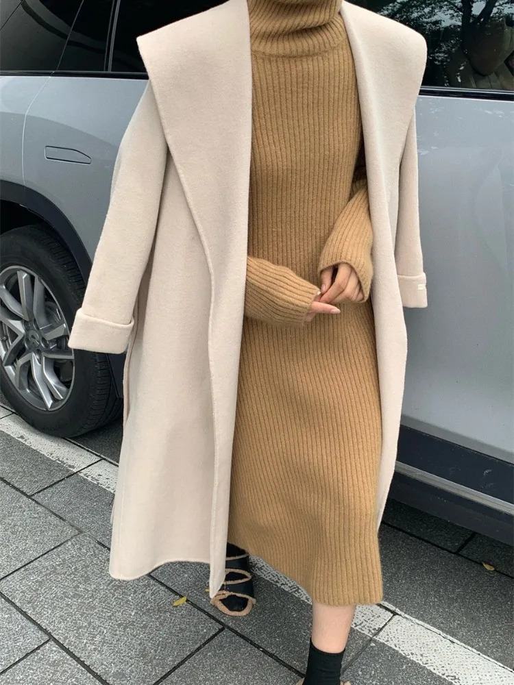 Black DoubleSided Woolen Coat Elegant Long Belt Slim Jacket Winter High Quality Large Collar Loose Wool Coats Women 251029