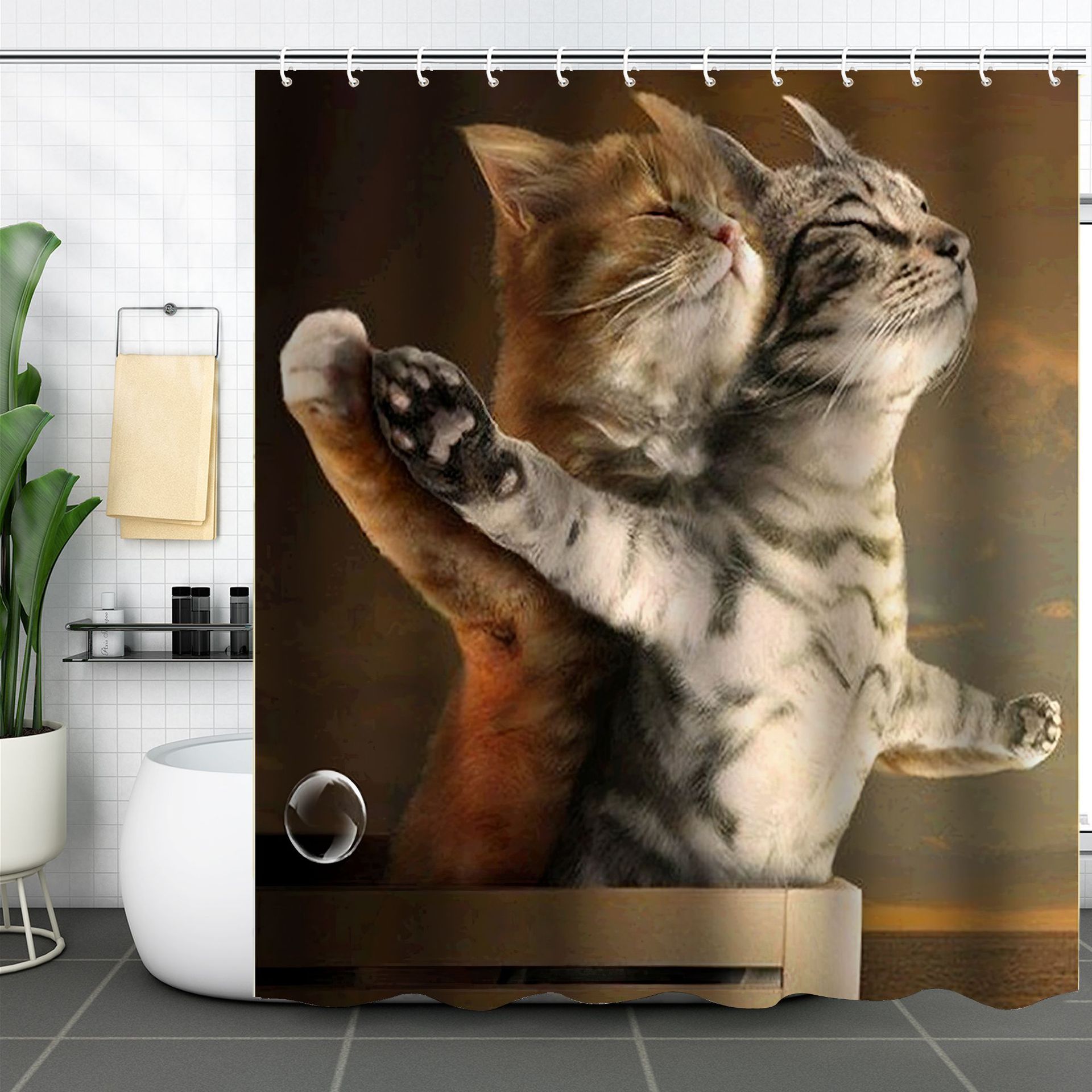 YL-37587 3D Digital Shower Curtain for Kitty Bathing, Bathroom Dry and Wet Separation, Polyester with Hooks, Isolation Curtain
