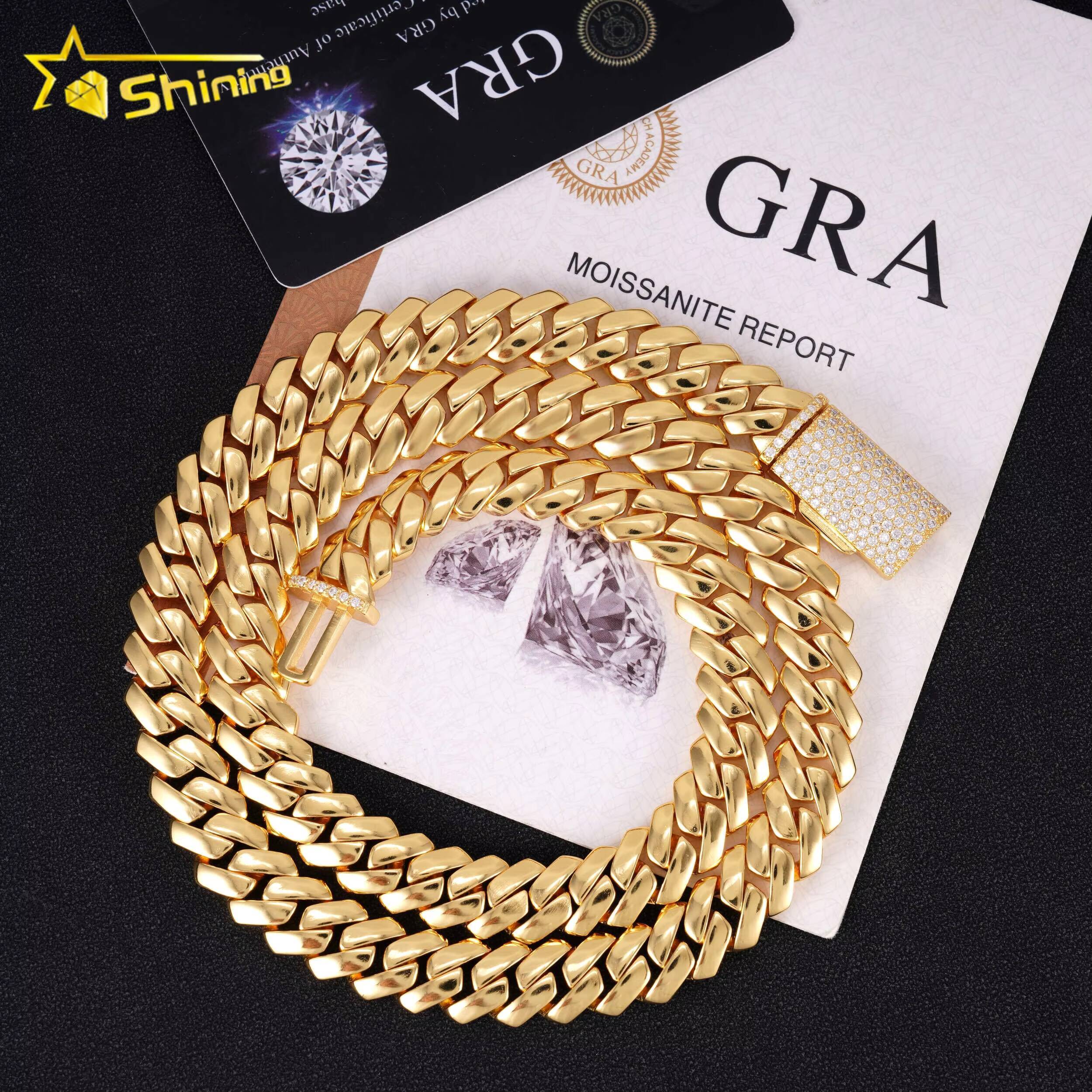 Hip Hop Jewelry Custom Moissanite Lock 12MM 14K Gold Plated Necklace Plain Silver 925 Square Cuban Link Chain