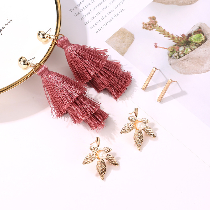 18k Gold Plated Set Tassel Bohemian 6 Pairs Of Stud Earrings Jewelry