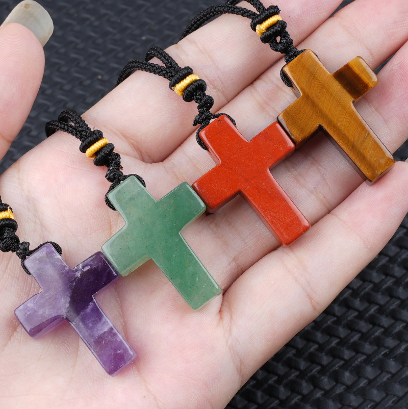 Natural Gemstone Cross Pendant Necklace, 22x30mm Crucifix with Adjustable Black Rope Chain, Religious Gift for Women Men, Unisex Healing Crystal Jewel