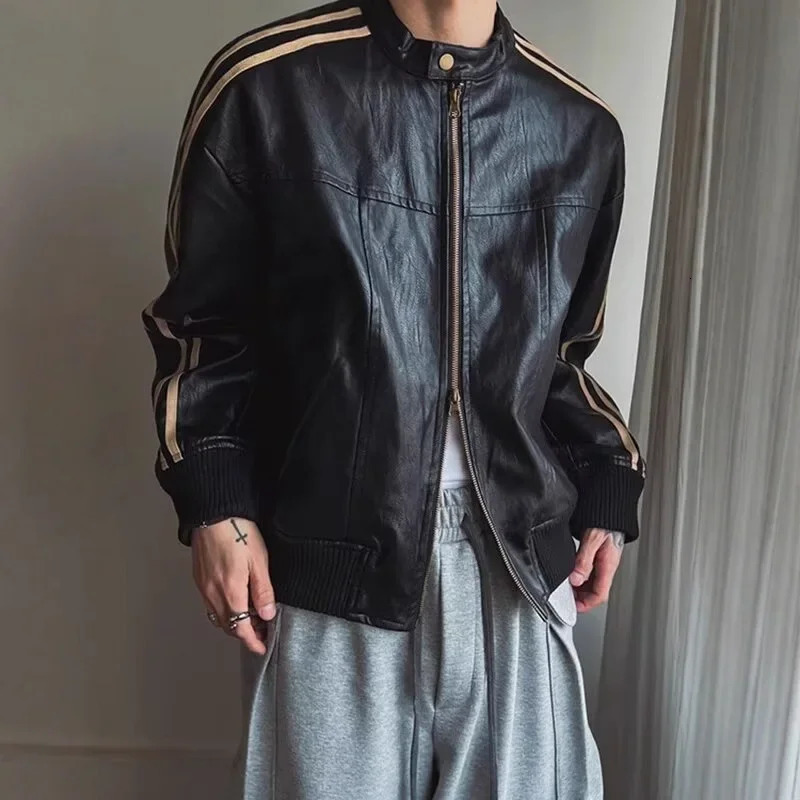 Loose Fit Mens Biker Leather Jacket Stripe Patchwork Stand Collar Casual Outerwear Faade Mixed Material Chinese Production 251029