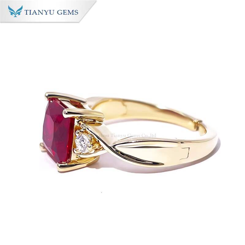 Tianyu Gems Womens Fine Jewelry Princess Cut Moissanite Synthetic Ruby Stone Colorless with Gold for Engagement and Wedding