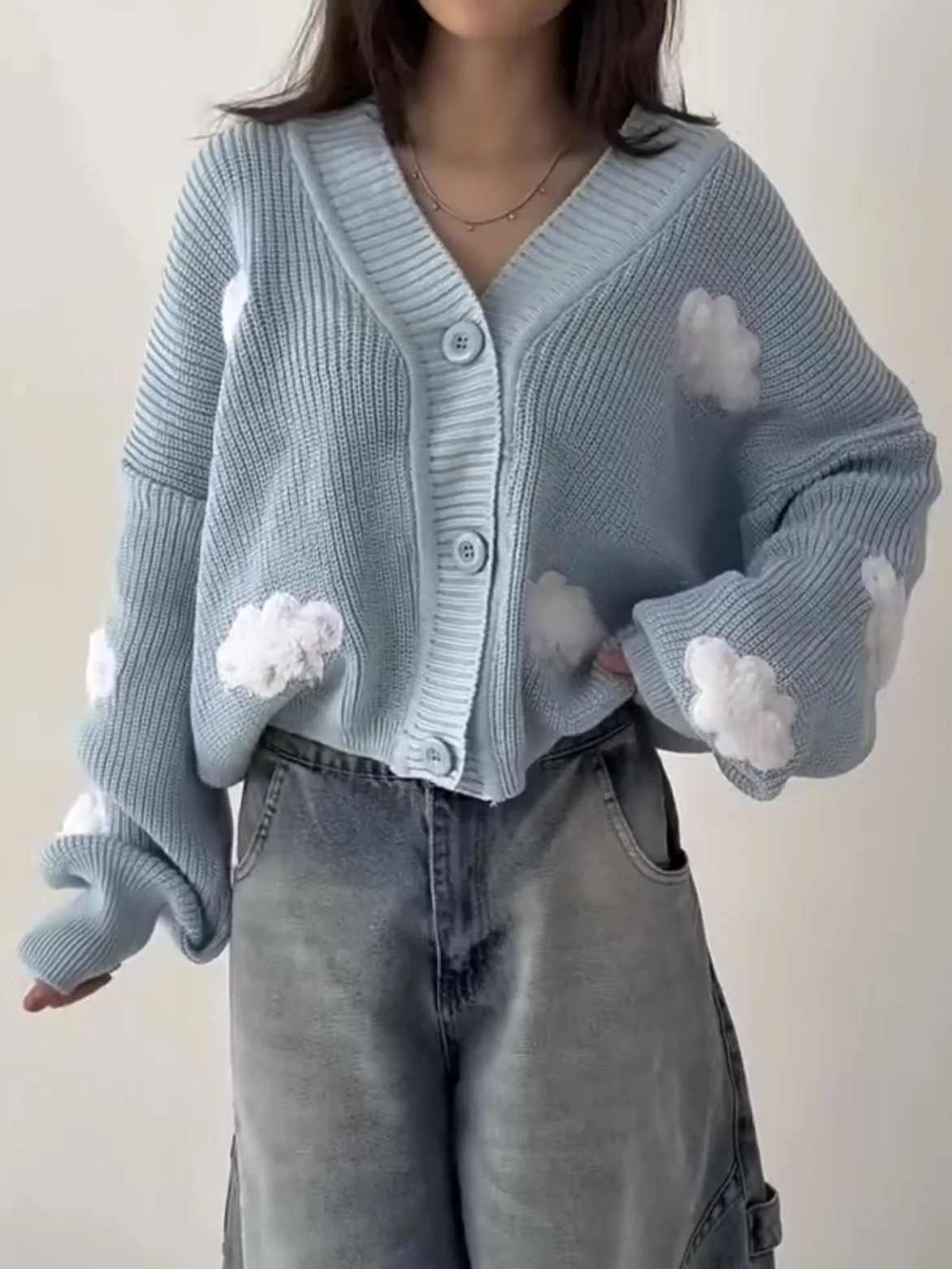 Harajuku Spliced Cardigan Knit Sweater Fashionable Casual Sweater Women American Y2k Cloud Embroidery Clothing Women 251029