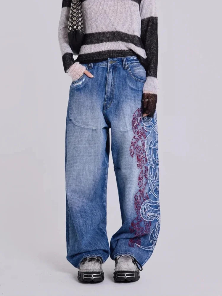 HOUZHOU Y2k Graphic Embroidery Vintage Women Jeans Oversized Hip Hop American Style Streetwear Wide Leg Denim Trousers Harajuku 251029