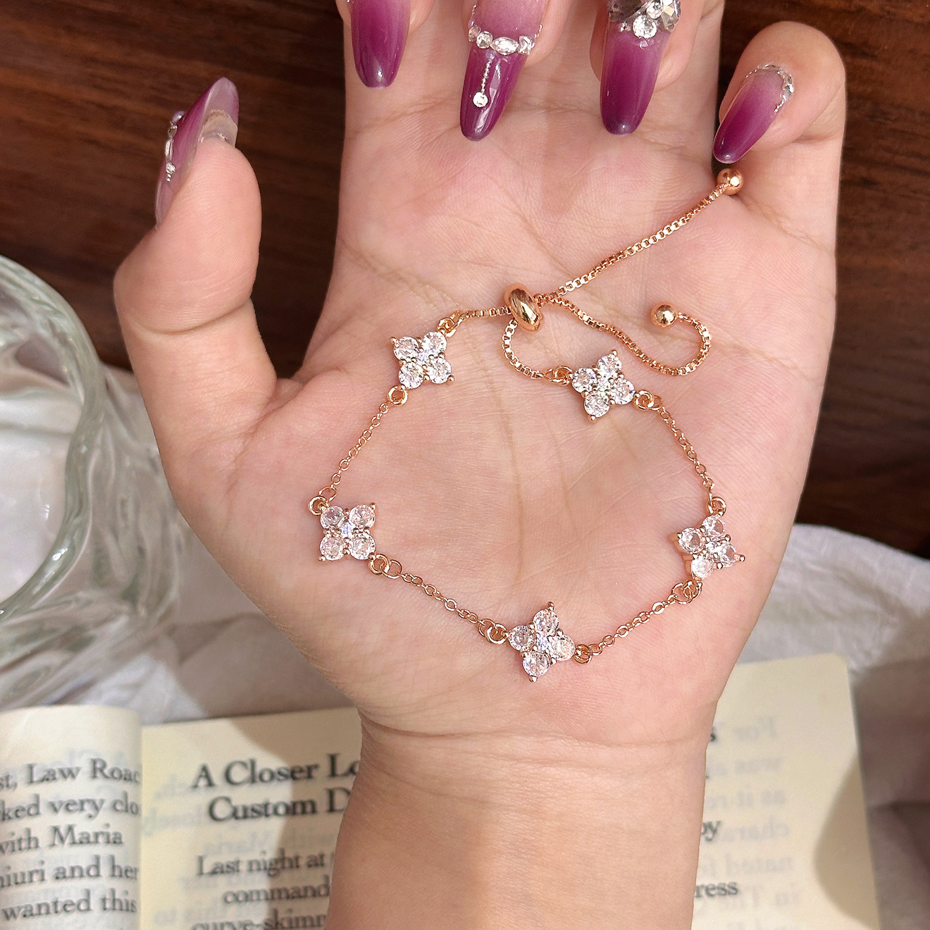 TaiYang New Five Clover Adjustable Slide Bracelet, Luxury Rose Gold Plated Copper Stackable Chain for Women