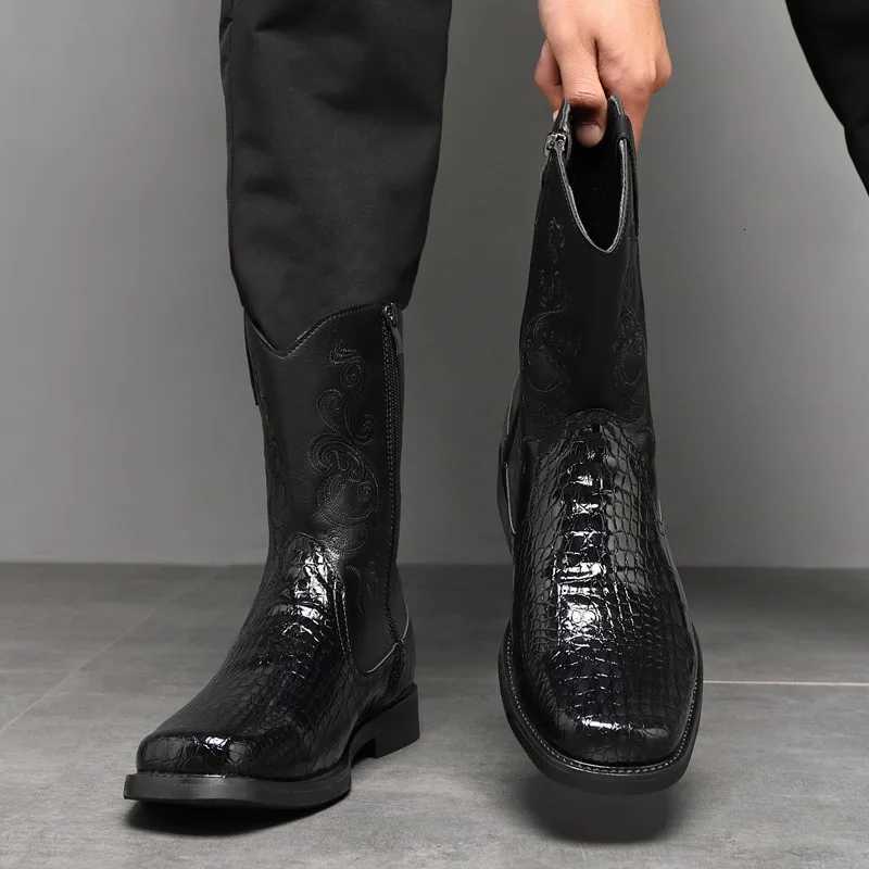 Mens Wide Width Tall Cowboy Boots Fall 2025 PU Leather High Shaft Western Embroidered Workwear Vintage Riding Boots for Outdoor Z251029