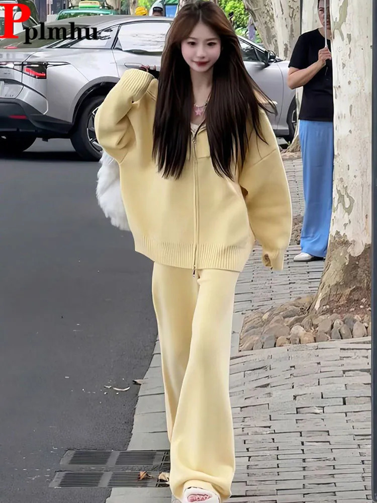 Classic Solid Knitted 2 Piece Sets Women Lapel Neck Knitwears Sweater Pullover Tops Conjuntos High Waist Loose Sweatpants Outfit 251029