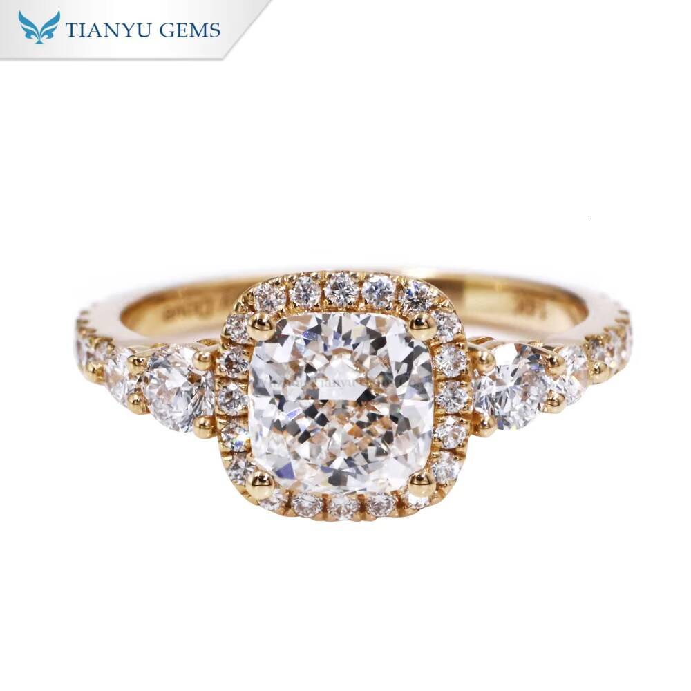 Tianyu Gems 14k Yellow Gold Cushion Moissanite Diamond D VVS1 with halo and 34 Band Ring for Women Engagement Ring