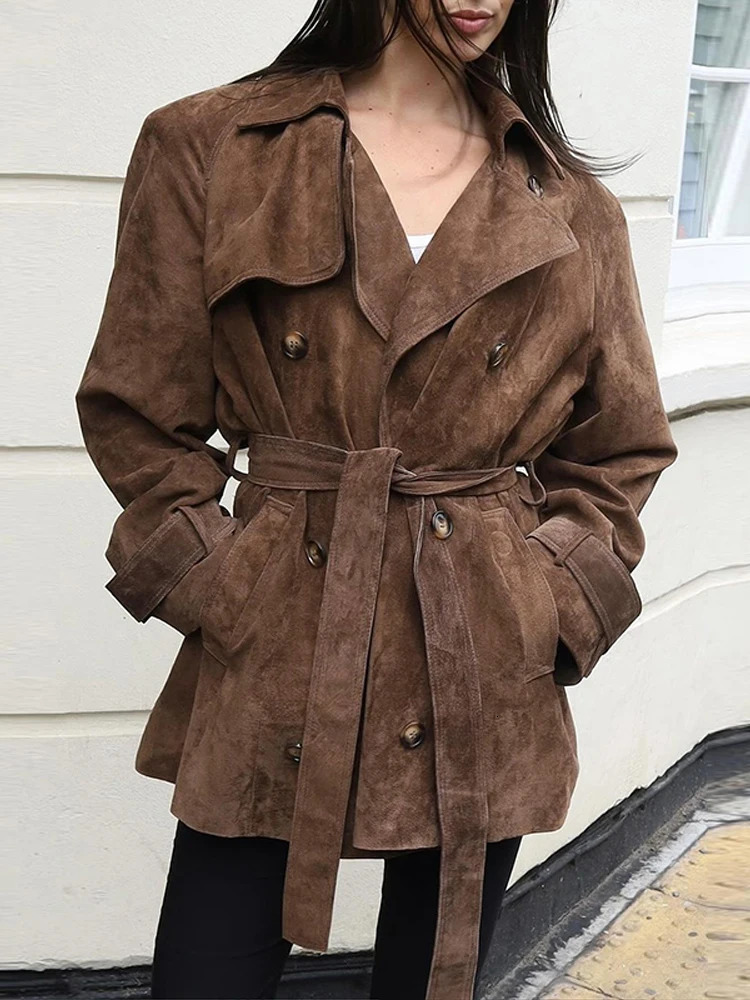 Retro Suede Long Trench Coat With Belt Women Lapel Doublebreasted Jacket With Pockets 2025 Autumn Winter Lady Solid Outwear 251029