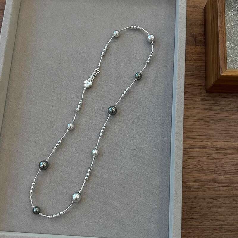 Mother-of-Pearl Ruyi Buckle Starry Sky Genuine Hemp Gray Shijia Pearl Necklace Fashionable Temperament Internet Celebrity Long Sweater Chain