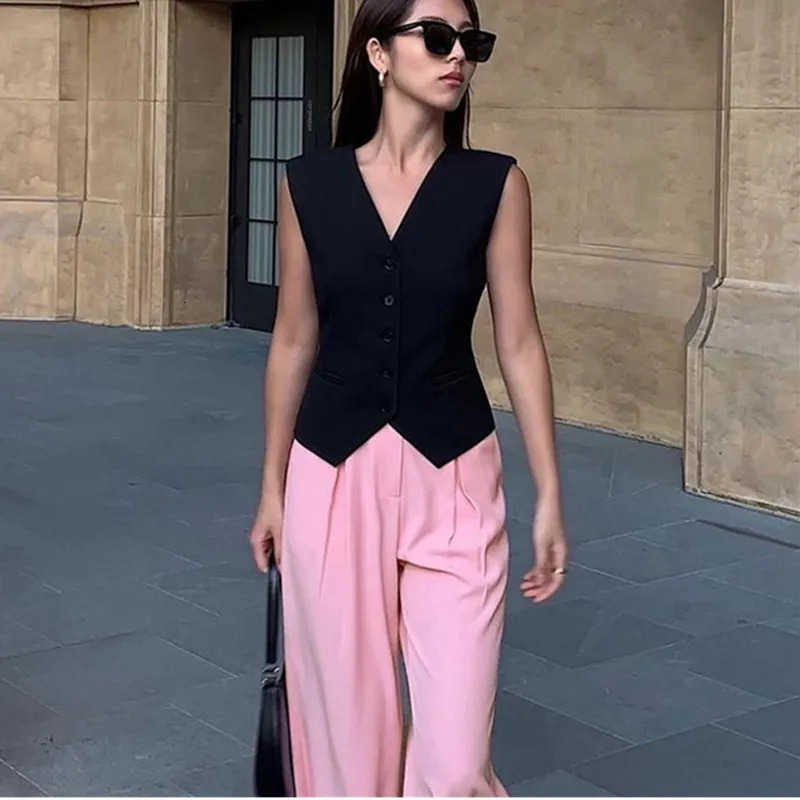 Summer Solid Color Simple Clip Suit Vest Fashion and Versatile Short Cardigan Vests Black White Cardigan Female 251029