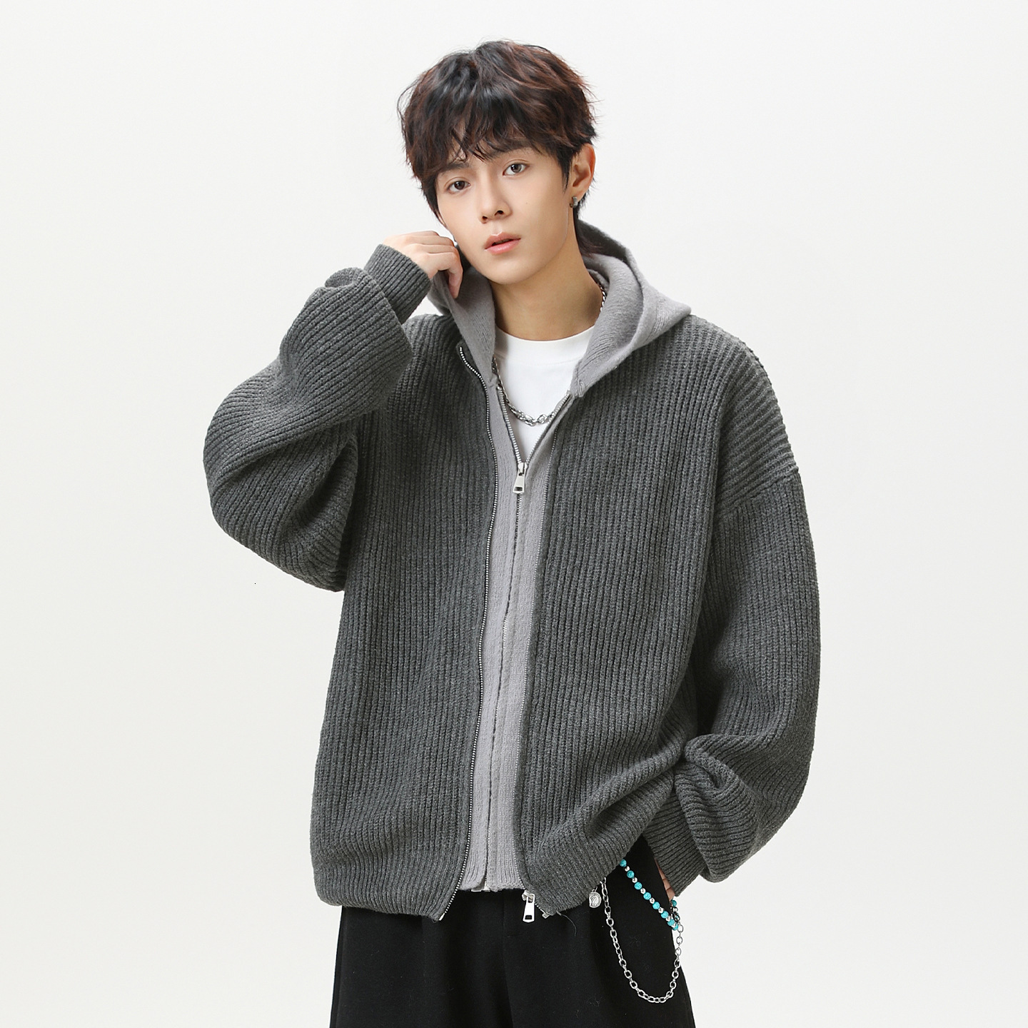 Textured Imitation Deer Fur Plush Fake Two-piece Cardigan Hooded Designer Sweater Sweater Men's Autumn Winter Trendy Brand Couple Knitted Sweater