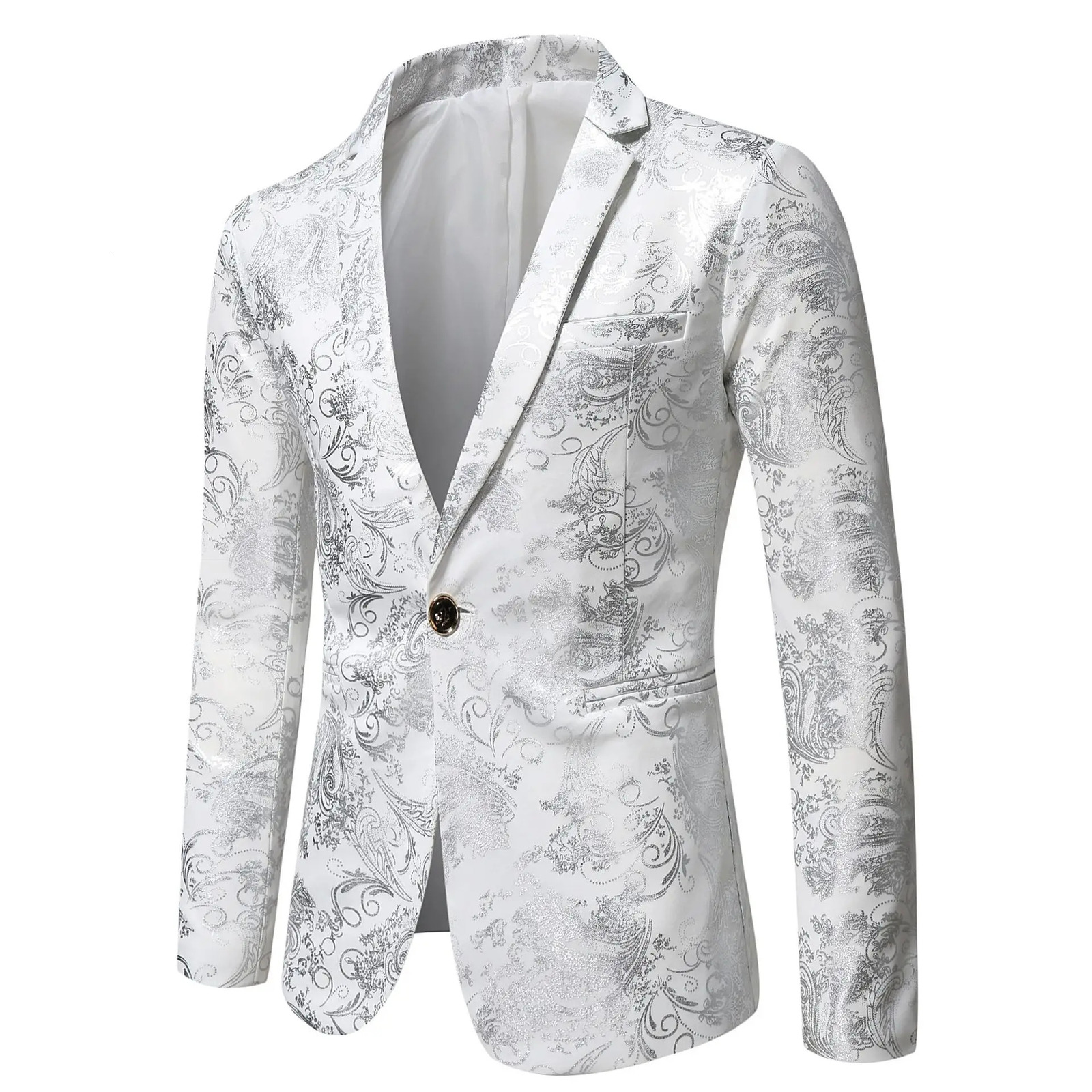 Mens Slim Fit Print Blazer Jacket Fashion Handsome Business Casual Silver Stage Show Suit Small Menswear 251028