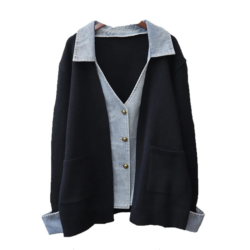DEAT 2025 Autumn Patchwork Denim Knitted Cardigan For Women Loose Singlebreasted Sweater Coat Female Trendy 11A05629 251029