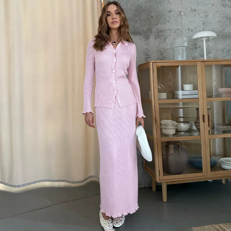 Tornova Womens Fungus Knitted Sweater Set POLO Long Sleeve Cardigan Slim Maxi Skirt Fashion 2 Piece Set High Waist Commuting251027