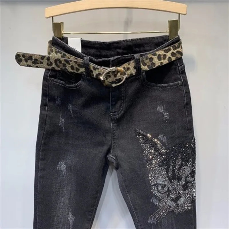 Spring Autumn Women Vintage Black Loose Diamonds High Waisted Jeans Streetwear Anklelength Denim Pants Trousers 251029