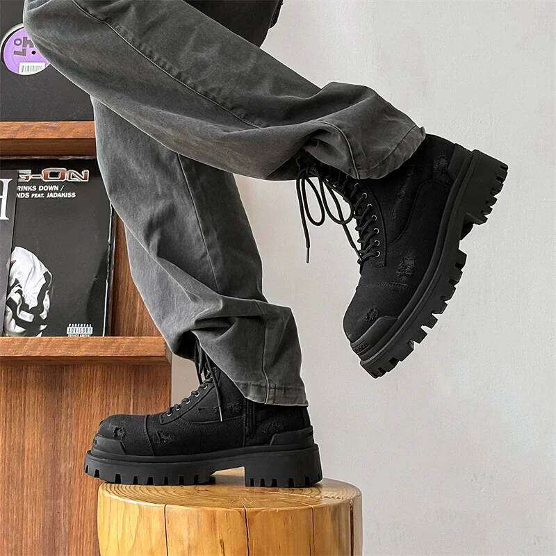 Autumn Winter High-top Motorcycle for Men Lace-up Do-the-old Thick Bottom Short Ankle with Zipper Man Black Boots