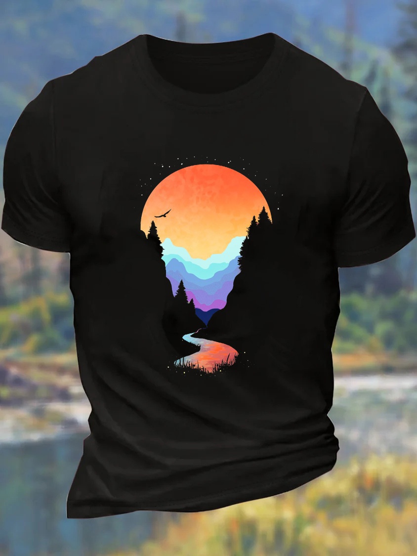 Europe & USA Oversized Men's Forest & Mountain Fun Cotton Crew Neck Relaxed Fit Casual T-Shirt - TT7527