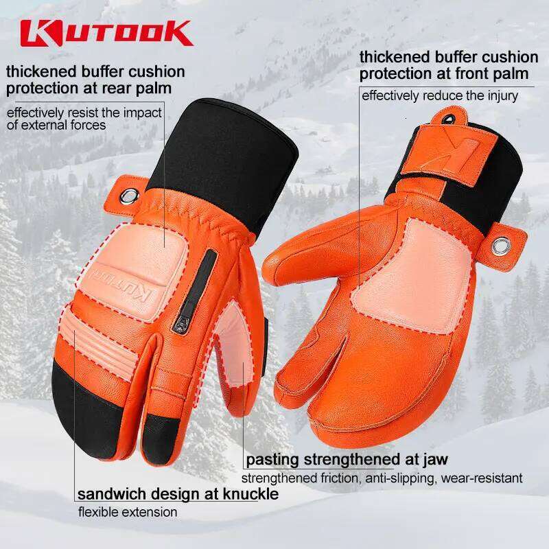 KUTOOK Winter Ski Goatskin Leather Mittens 3M Thinsulate Snowboard Thermal Warm Skiing Gloves Waterproof Men Women