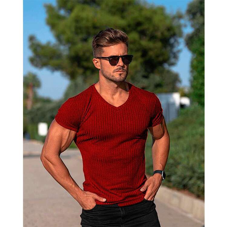 Men's Summer Sports Fitness Casual Solid Color V-Neck Short Sleeve T-Shirt