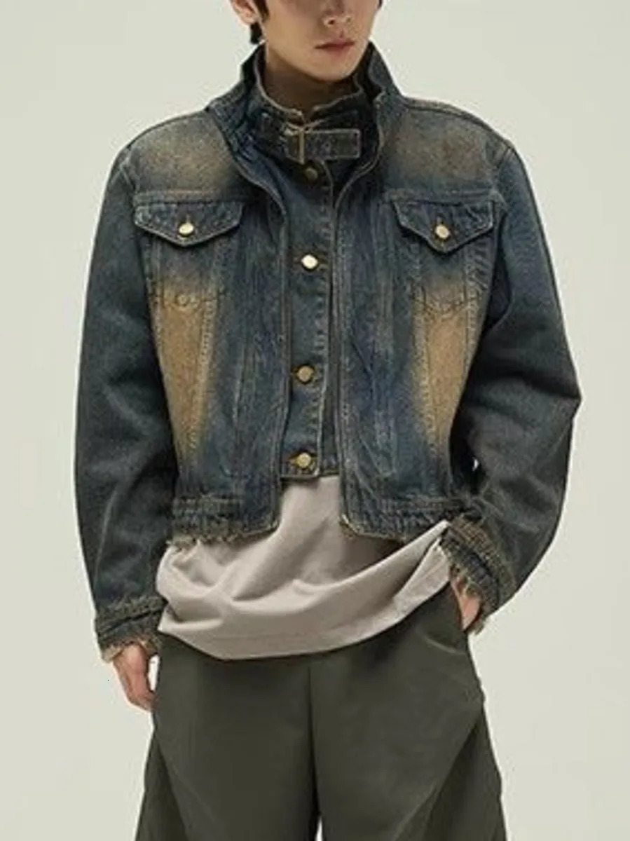 Vintage Denim Jacket Man Woman Short Zipper Single Breasted Cowboy Crop Coats Blue Washed Stand Collar Unisex Jeans Outerwear 251016