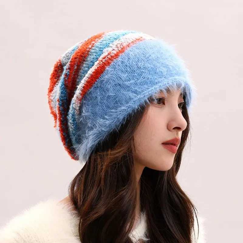 Maillard Fuzzy Warm Beanie Women Stylish Retro Knitted Hat Fall Winter Female Ear Protection Fashion Design Stacked Hat LadiesXJ251030
