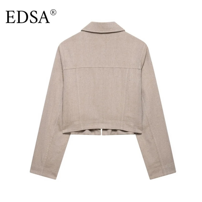 EDSA Women Khaki Herringbone Pants Set Cropped Jacket Long Sleeves Side Zip Lowrise Straight Leg Long Trousers Female Suits 251028